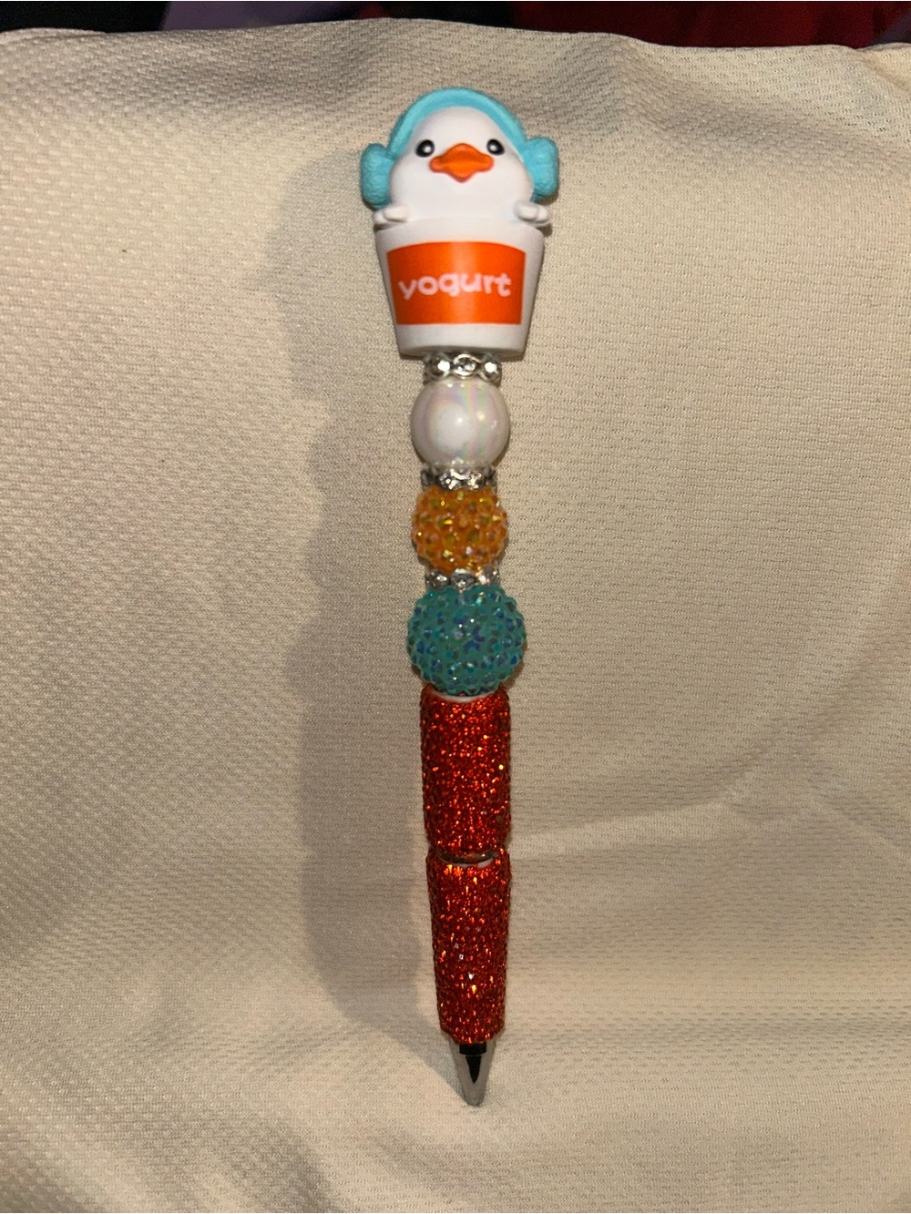 Hand Crafted Blue & Orange Yogurt Penguin Beaded Pen